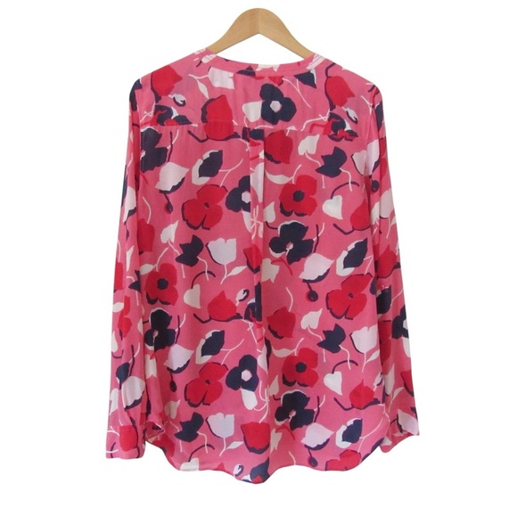 Talbots Pink Red Floral Silk Blouse Large Long Sleeves Roll Tab Careerwear - Picture 2 of 11